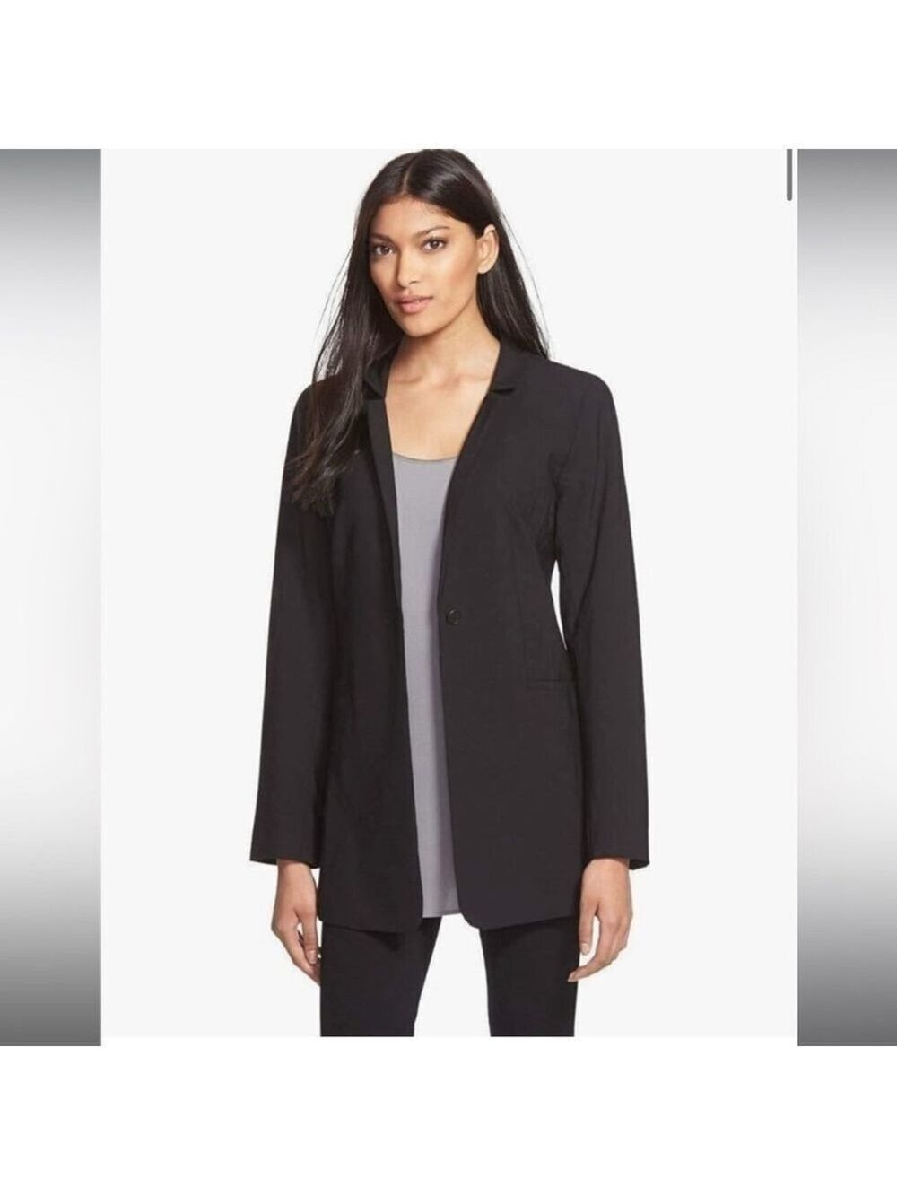 EILEEN FISHER CLASSIC LONG BLACK WOOL SILK BLEND BLAZER - Picture 2 of 10